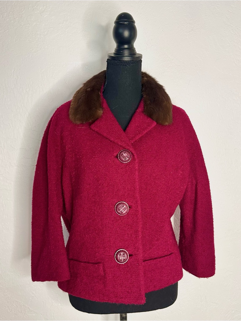 Vintage red wool and fur coat